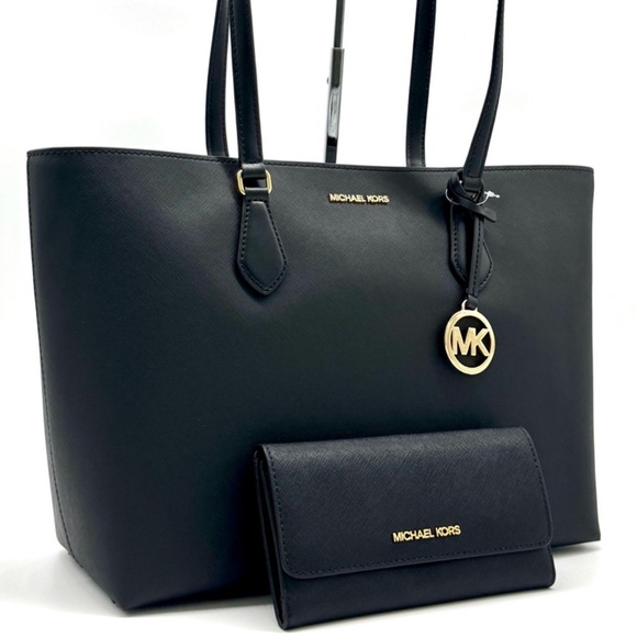 Michael Kors Sheila Large Logo Tote Bag & Matching Trifold Wallet Black/Gold - Picture 1 of 13